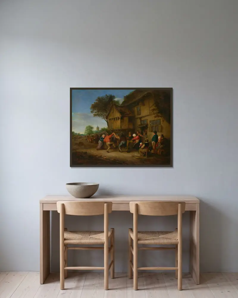 A Kermesse av Adriaen van Ostade inramad på en vägg