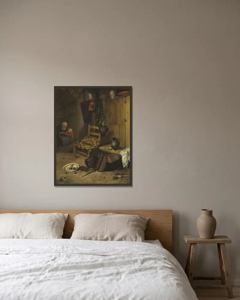 Ett köksinteriör med mor och barn av Adriaen van Ostade inramad på en vägg