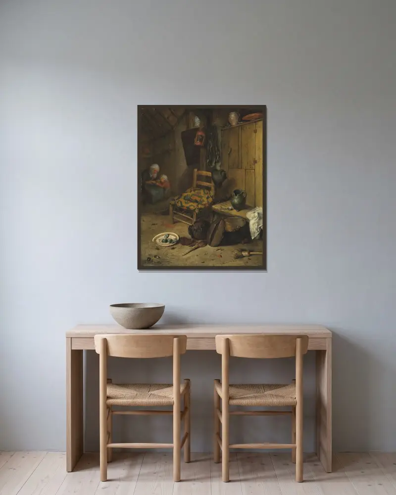 Ett köksinteriör med mor och barn av Adriaen van Ostade inramad på en vägg