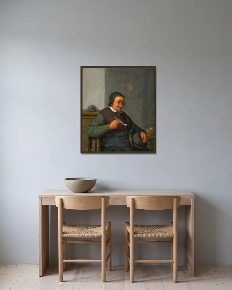 En man med pipa i en interiör av Adriaen van Ostade inramad på en vägg