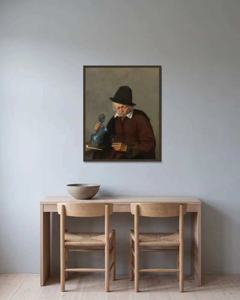 Man med stop och glas av Adriaen van Ostade inramad på en vägg