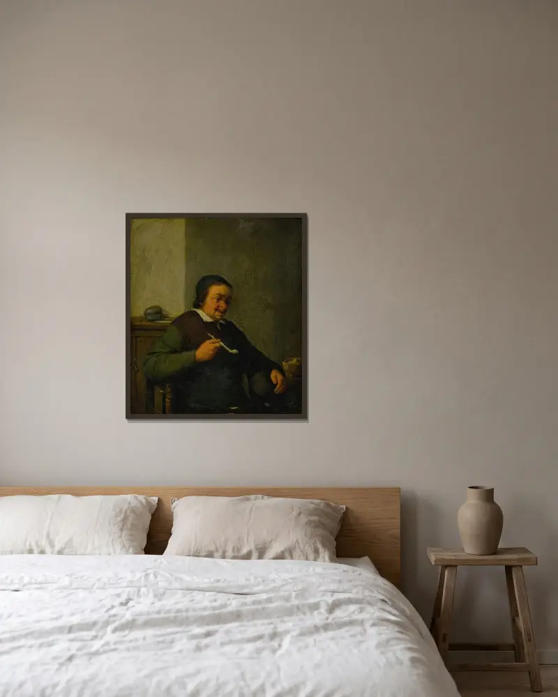 En man som röker i en interiör av Adriaen van Ostade inramad på en vägg