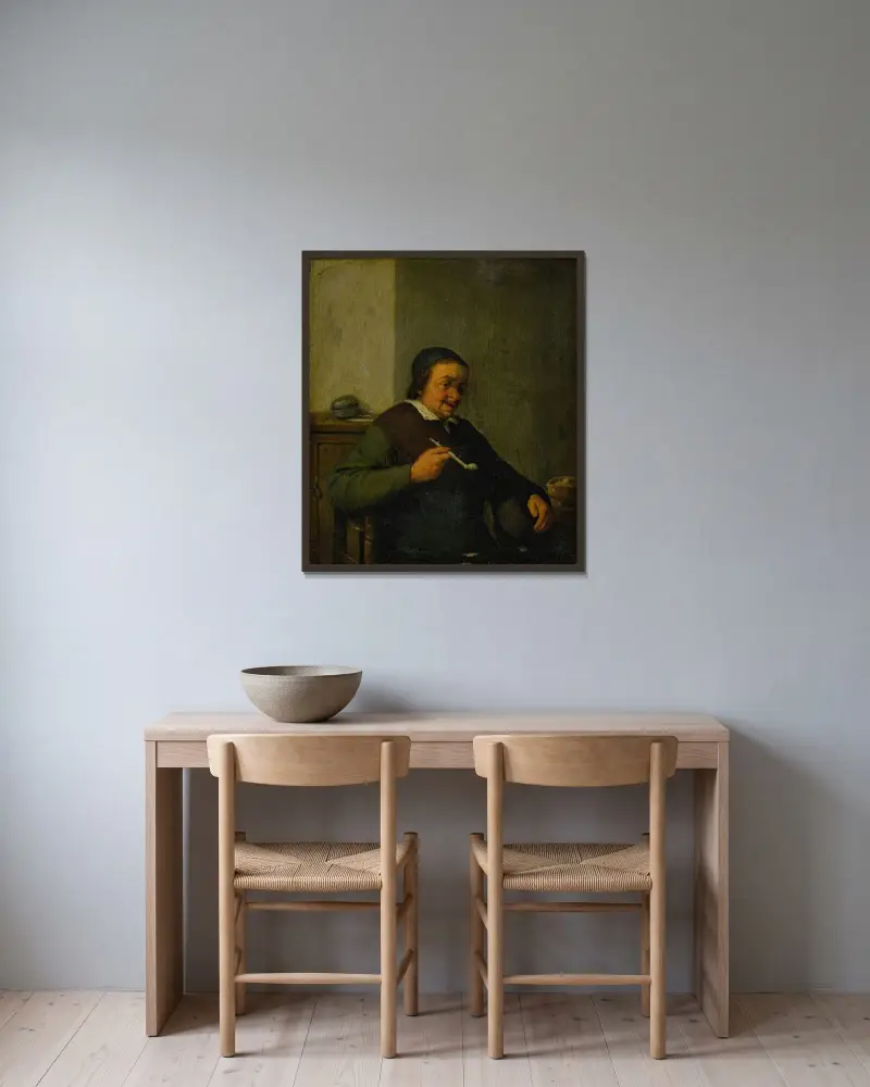En man som röker i en interiör av Adriaen van Ostade inramad på en vägg