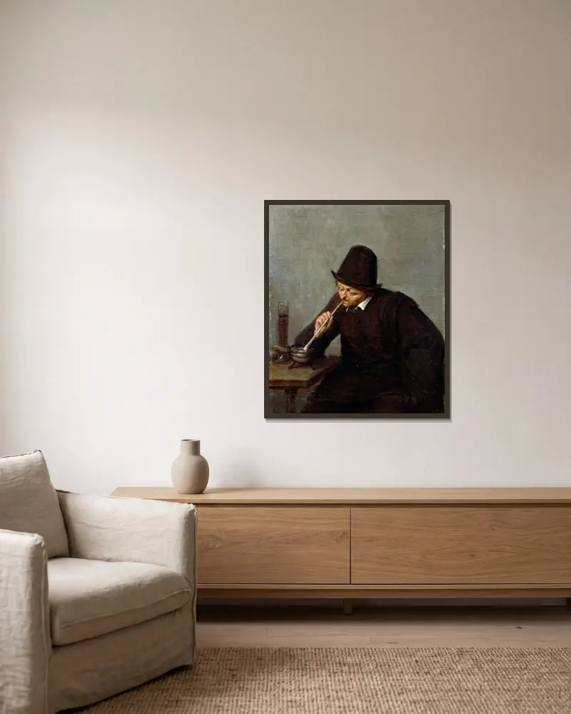 Ein rauchender Mann von Adriaen van Ostade gerahmt an einer Wand