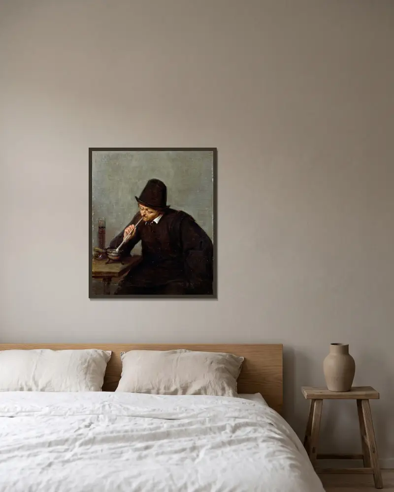 Ein rauchender Mann von Adriaen van Ostade gerahmt an einer Wand