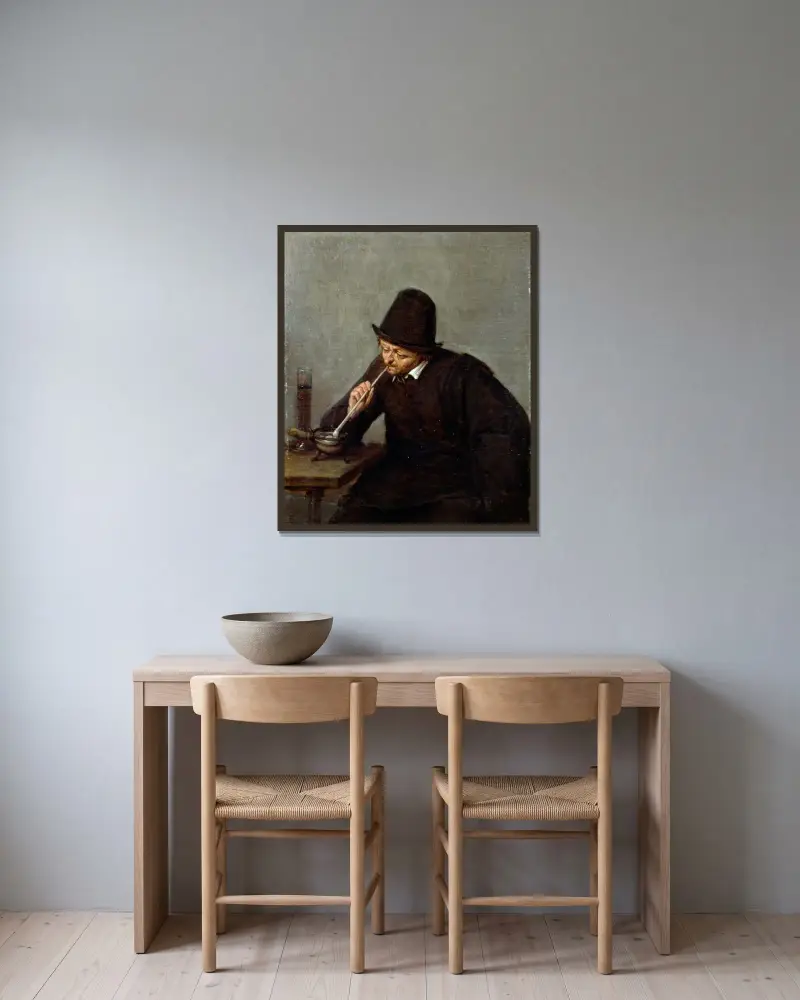 Ein rauchender Mann von Adriaen van Ostade gerahmt an einer Wand
