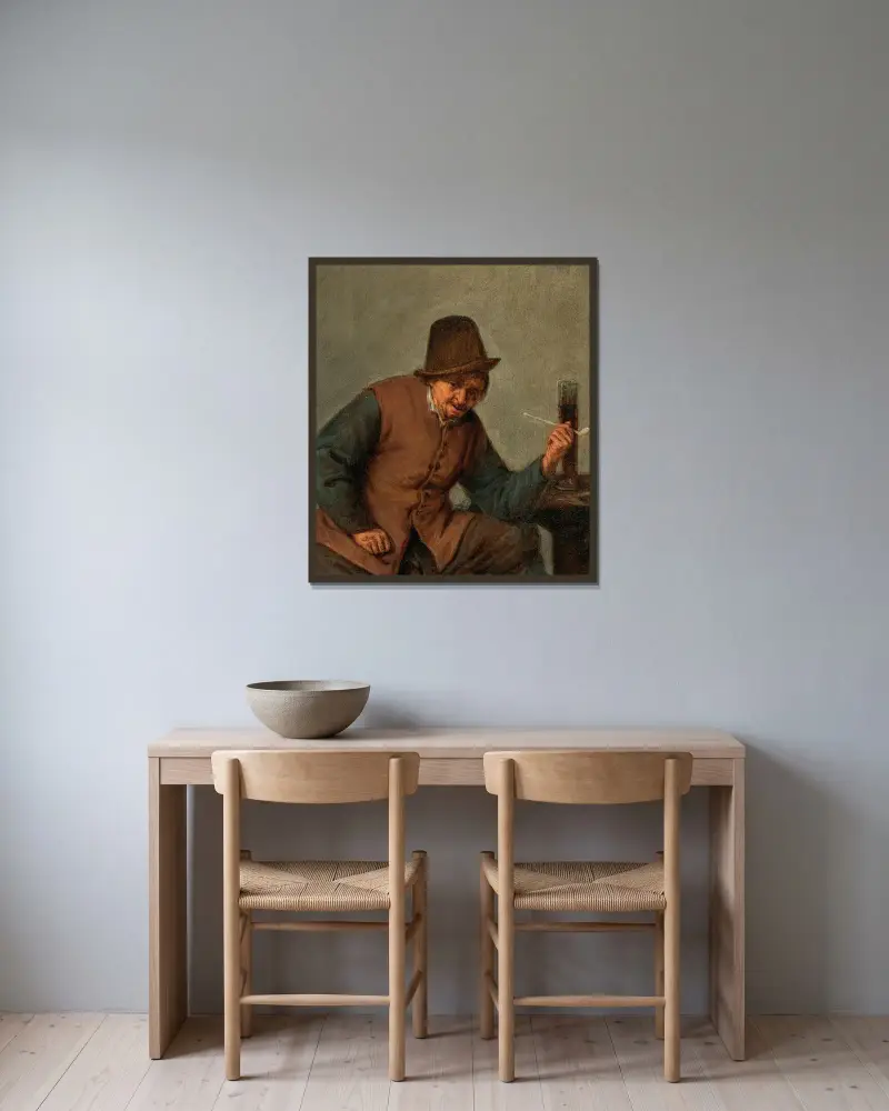 En rökande bonde av Adriaen van Ostade inramad på en vägg
