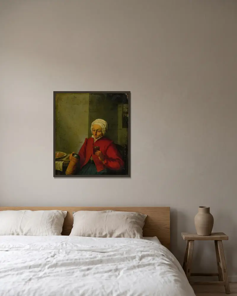 Kvinna med kanna och bägare av Adriaen van Ostade inramad på en vägg