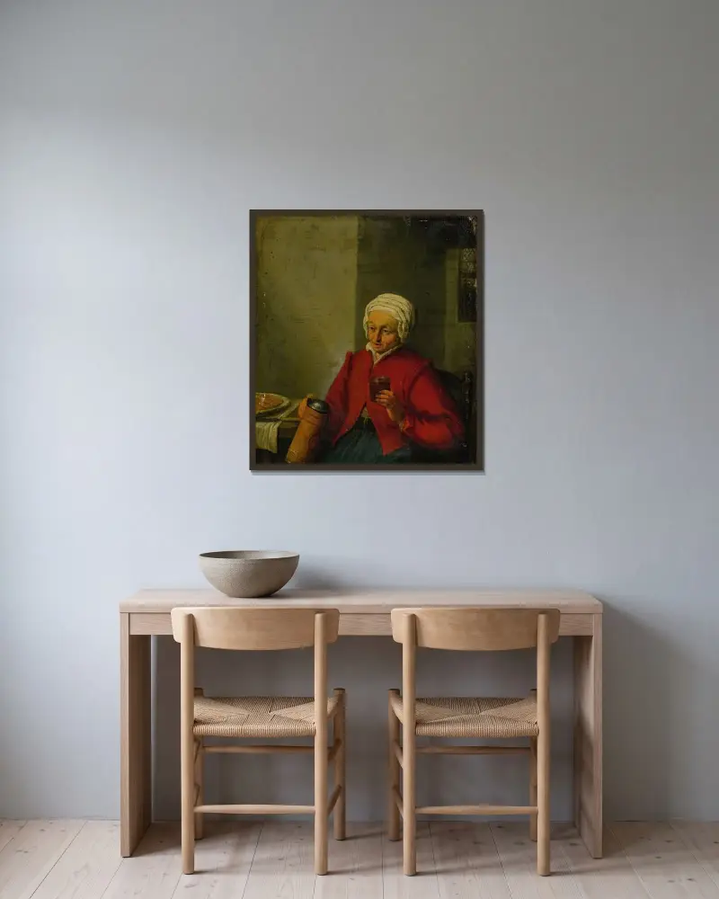Kvinna med kanna och bägare av Adriaen van Ostade inramad på en vägg