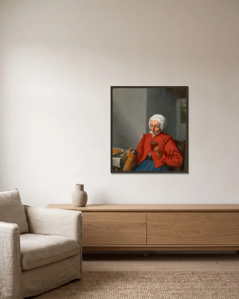 Kvinna med kanna och ölglas, i en interiör av Adriaen van Ostade inramad på en vägg