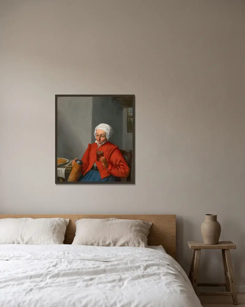 Kvinna med kanna och ölglas, i en interiör av Adriaen van Ostade inramad på en vägg