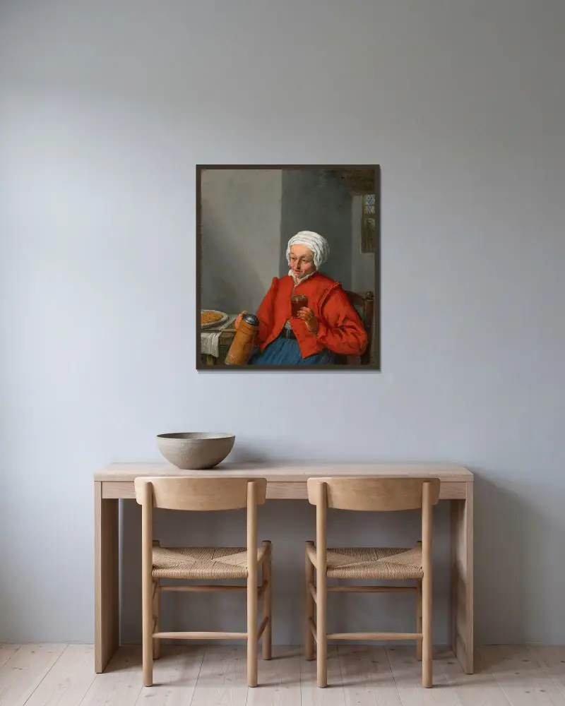 Kvinna med kanna och ölglas, i en interiör av Adriaen van Ostade inramad på en vägg
