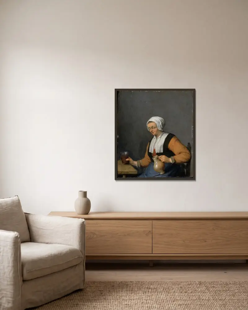 Kvinna med ölkanna av Adriaen van Ostade inramad på en vägg