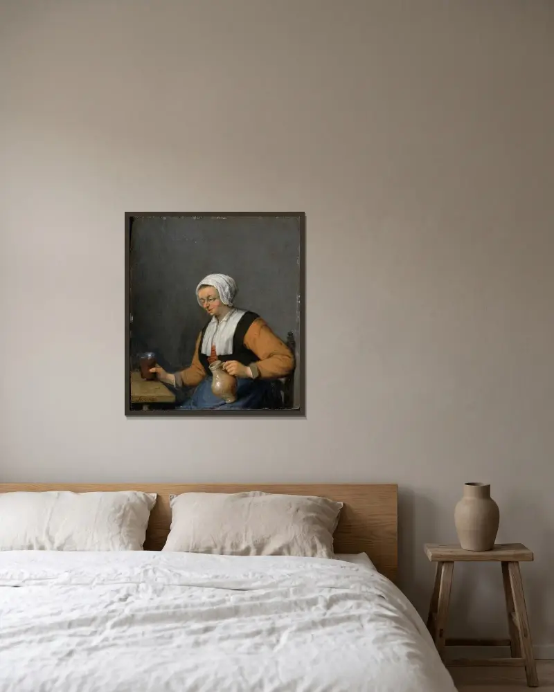 Kvinna med ölkanna av Adriaen van Ostade inramad på en vägg