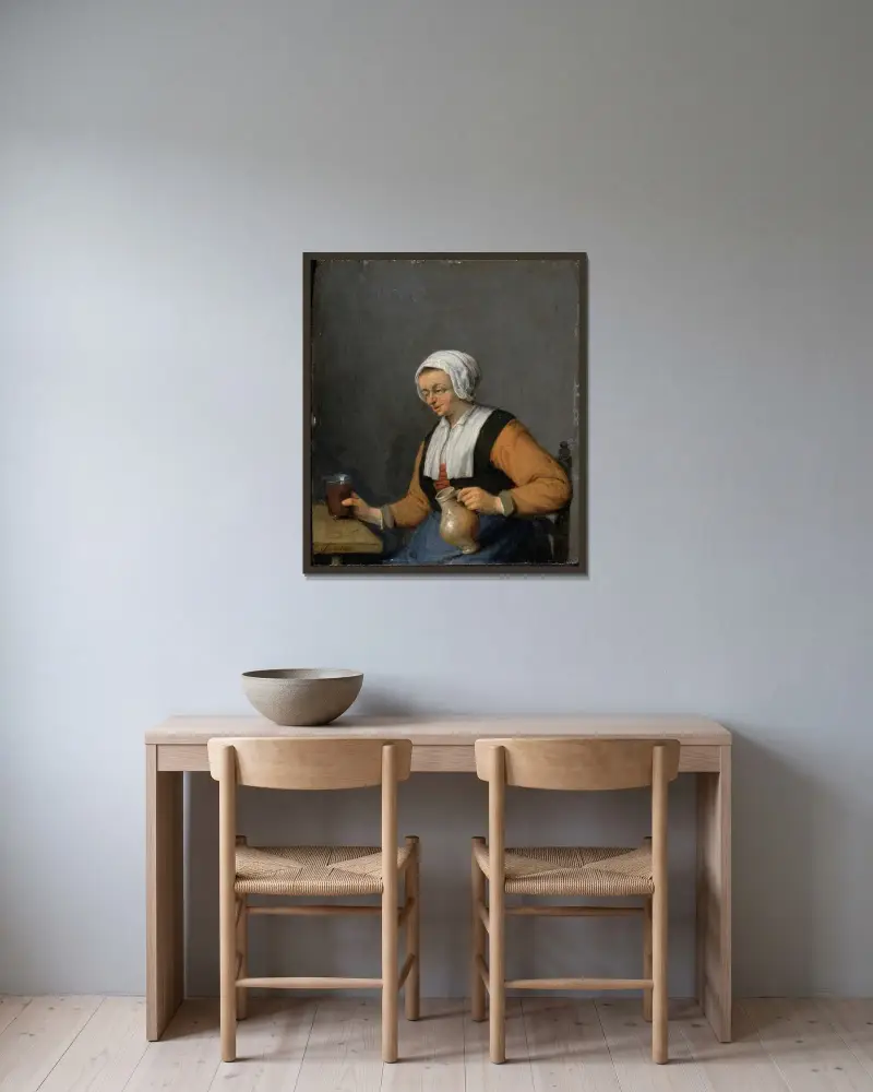 Kvinna med ölkanna av Adriaen van Ostade inramad på en vägg