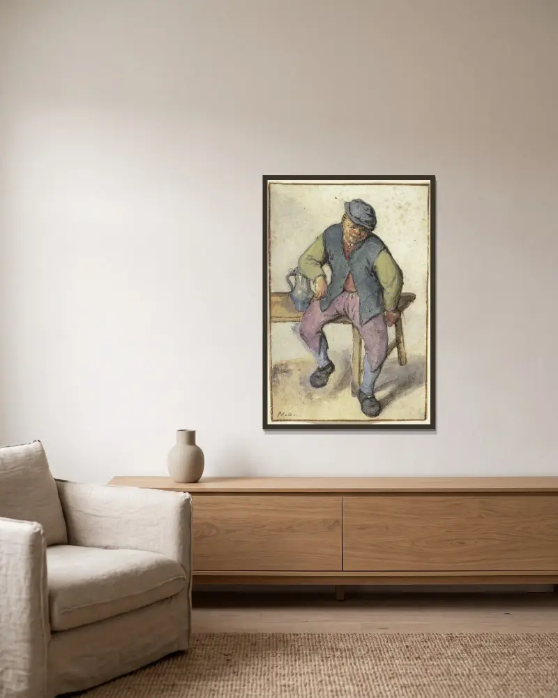 Auf einem Tisch sitzender Bauer von Adriaen van Ostade gerahmt an einer Wand