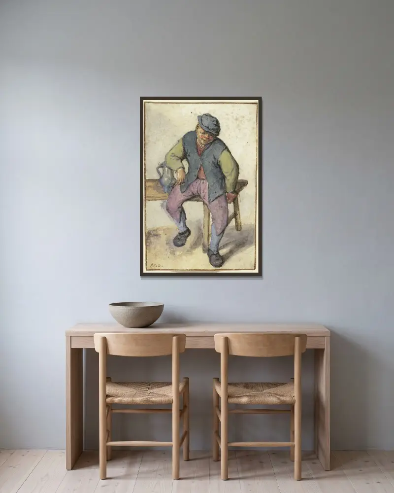 Auf einem Tisch sitzender Bauer von Adriaen van Ostade gerahmt an einer Wand