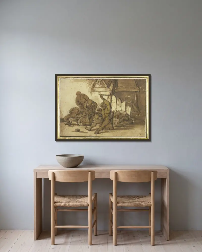 Bacchanal på värdshuset av Adriaen van Ostade inramad på en vägg