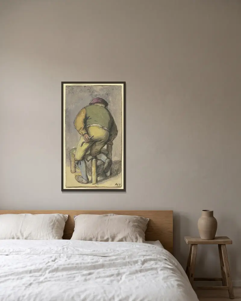Bonde bakifrån, med höger ben på en stol av Adriaen van Ostade inramad på en vägg