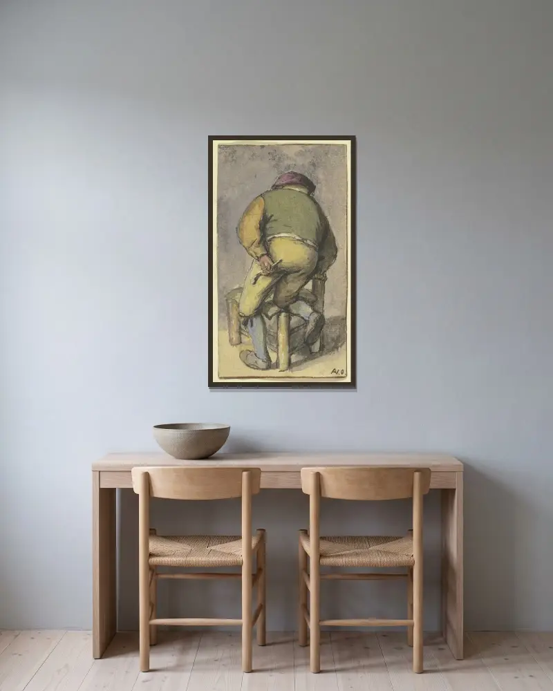 Bonde bakifrån, med höger ben på en stol av Adriaen van Ostade inramad på en vägg