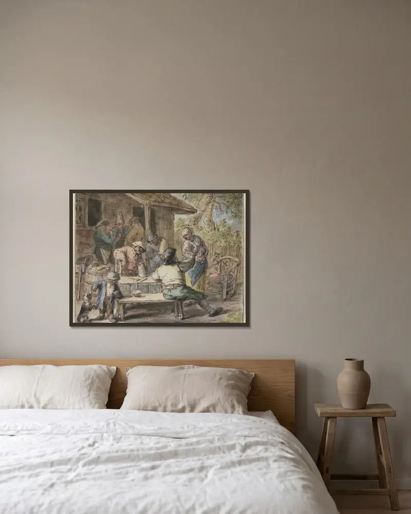 Bauern mit Kindern vor einem Haus av Adriaen van Ostade inramad på en vägg