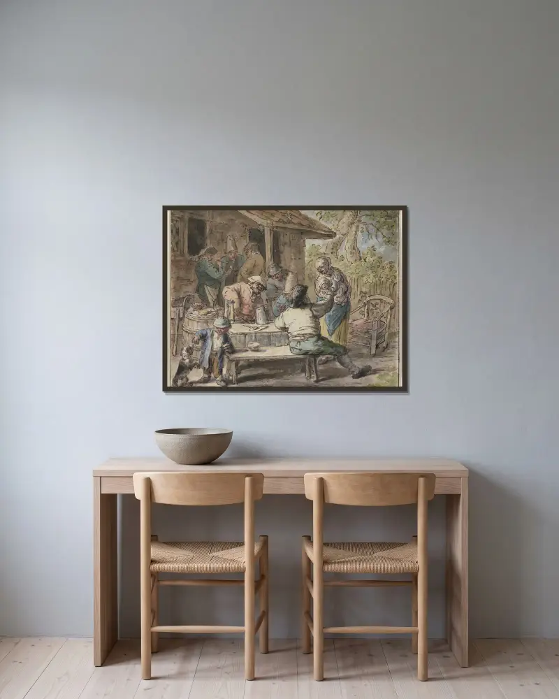 Bauern mit Kindern vor einem Haus av Adriaen van Ostade inramad på en vägg