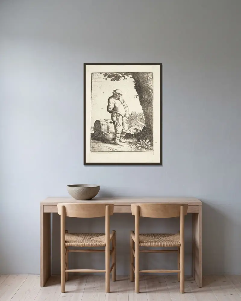 Bauer beim Urinieren von Adriaen van Ostade gerahmt an einer Wand