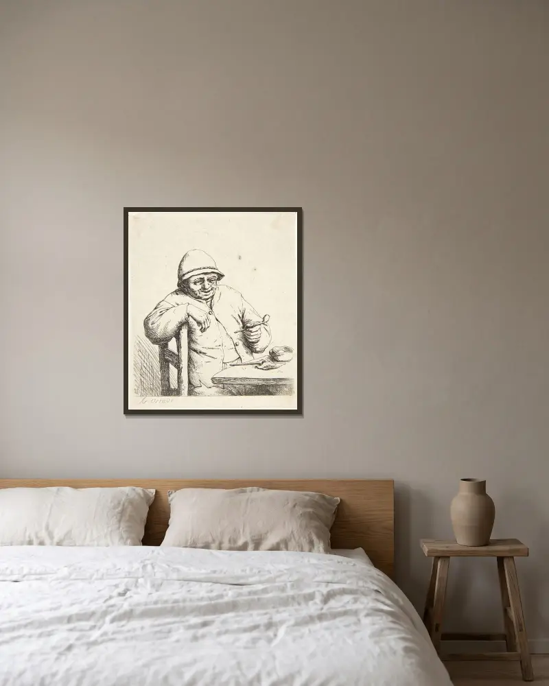 Bonde som sitter vid ett bord med en pipa i handen av Adriaen van Ostade inramad på en vägg