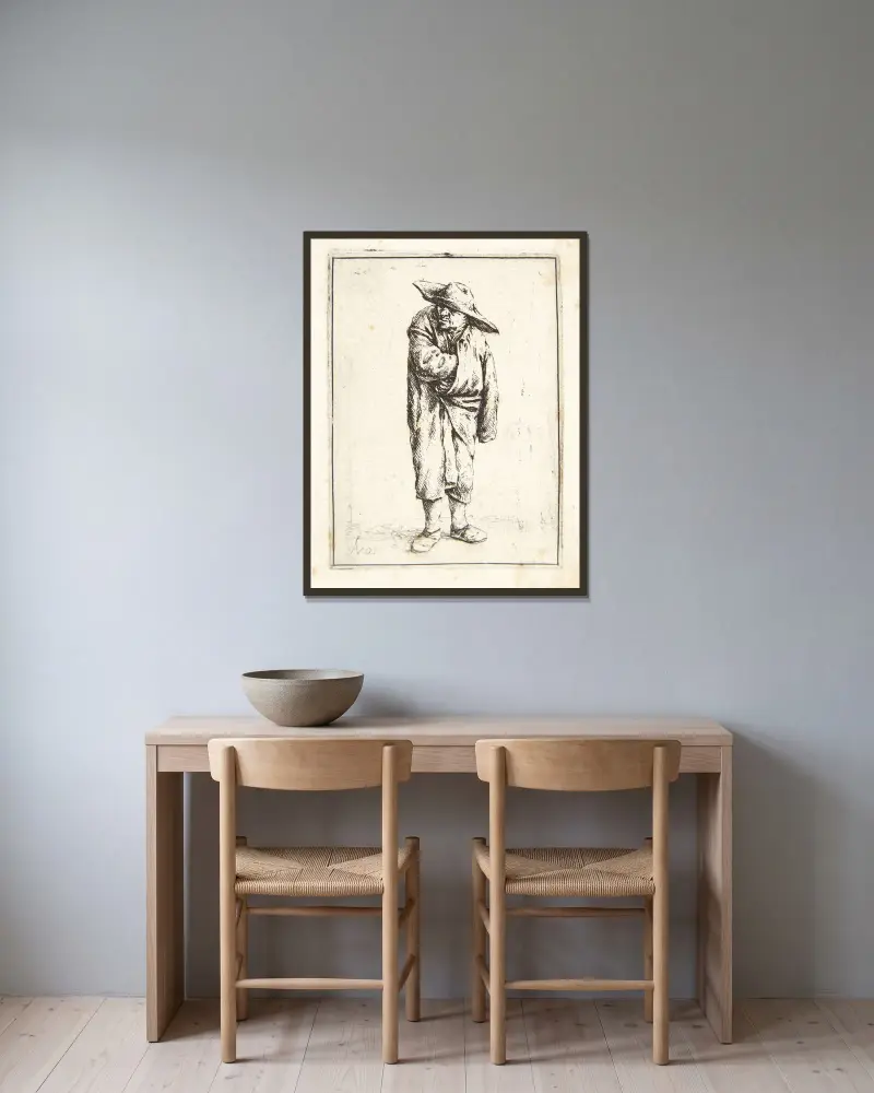 Bonde med ena handen i rocken av Adriaen van Ostade inramad på en vägg