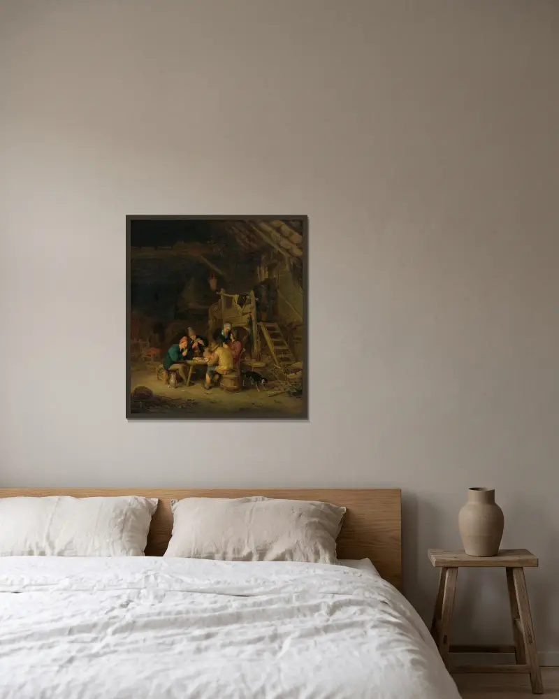 Vier Kartenspieler in einem rustikalen Interieur von Adriaen van Ostade gerahmt an einer Wand