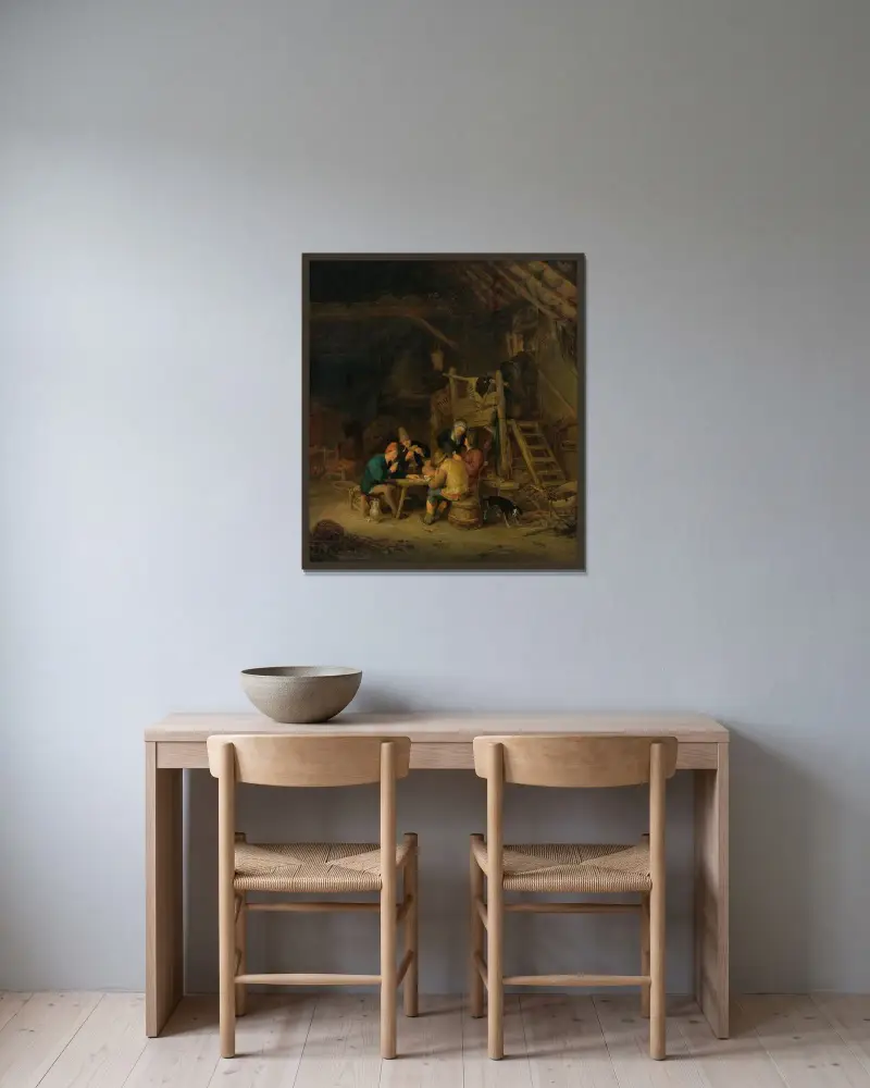 Vier Kartenspieler in einem rustikalen Interieur von Adriaen van Ostade gerahmt an einer Wand