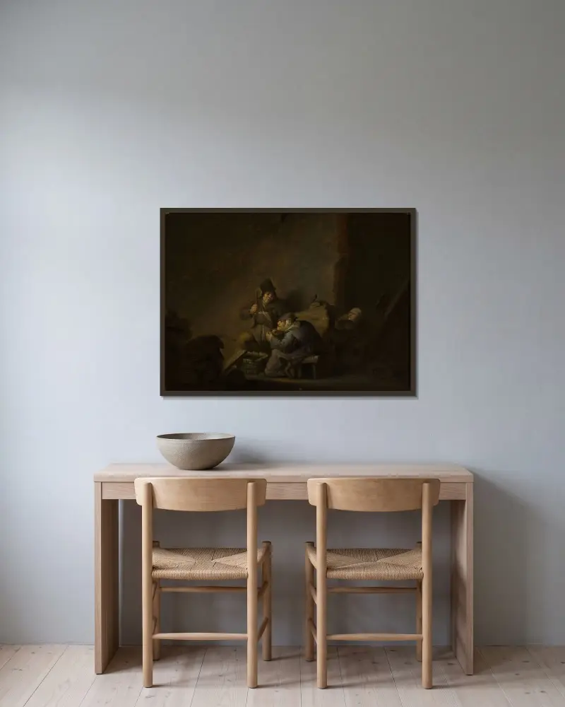 Genrescén i interiör av Adriaen van Ostade inramad på en vägg