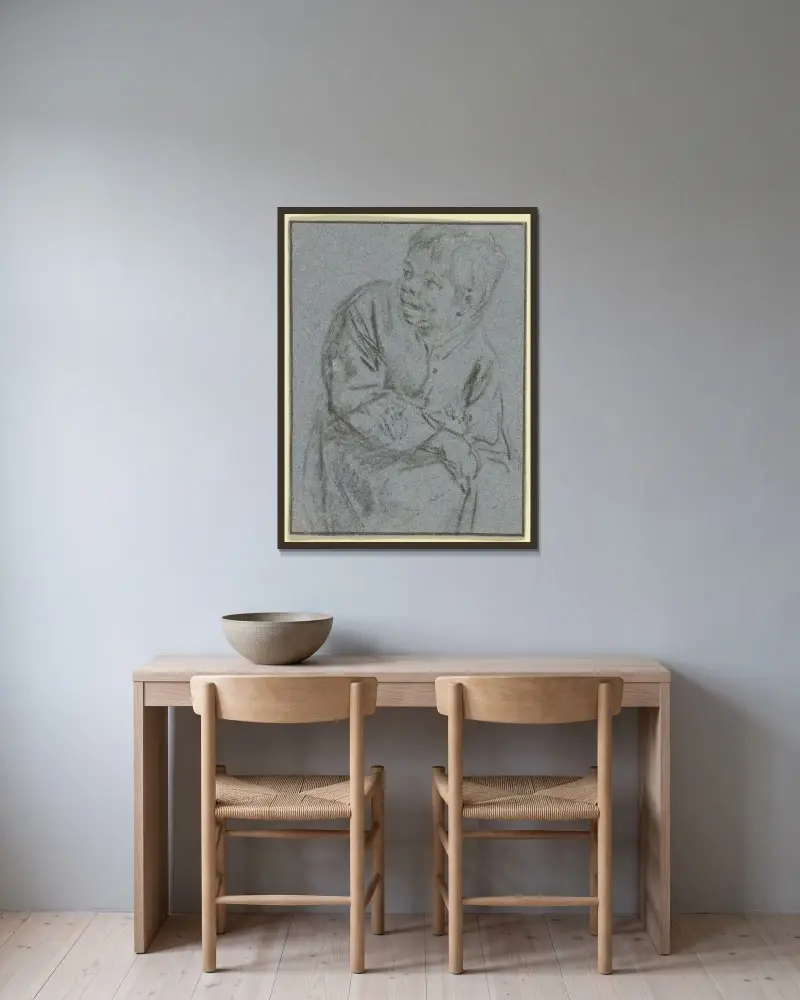 Halvfigur av en pojke som blickar åt vänster av Adriaen van Ostade inramad på en vägg