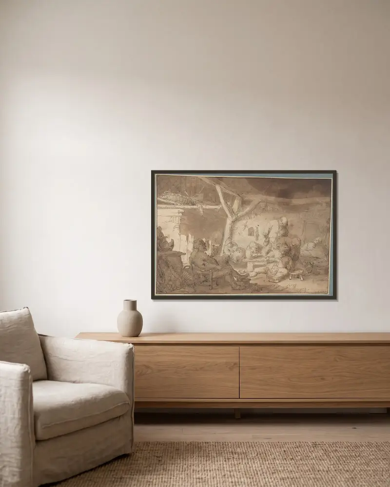 Interior with Peasants av Adriaen van Ostade inramad på en vägg