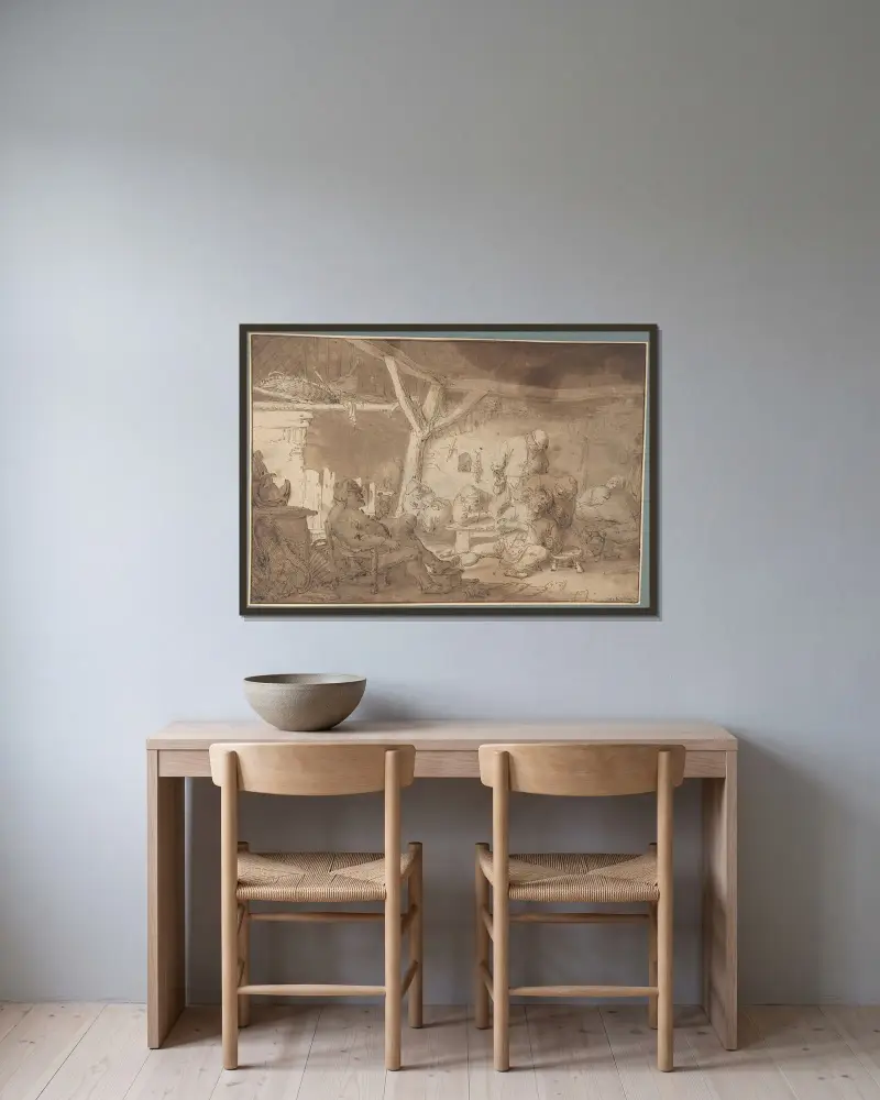 Interior with Peasants av Adriaen van Ostade inramad på en vägg
