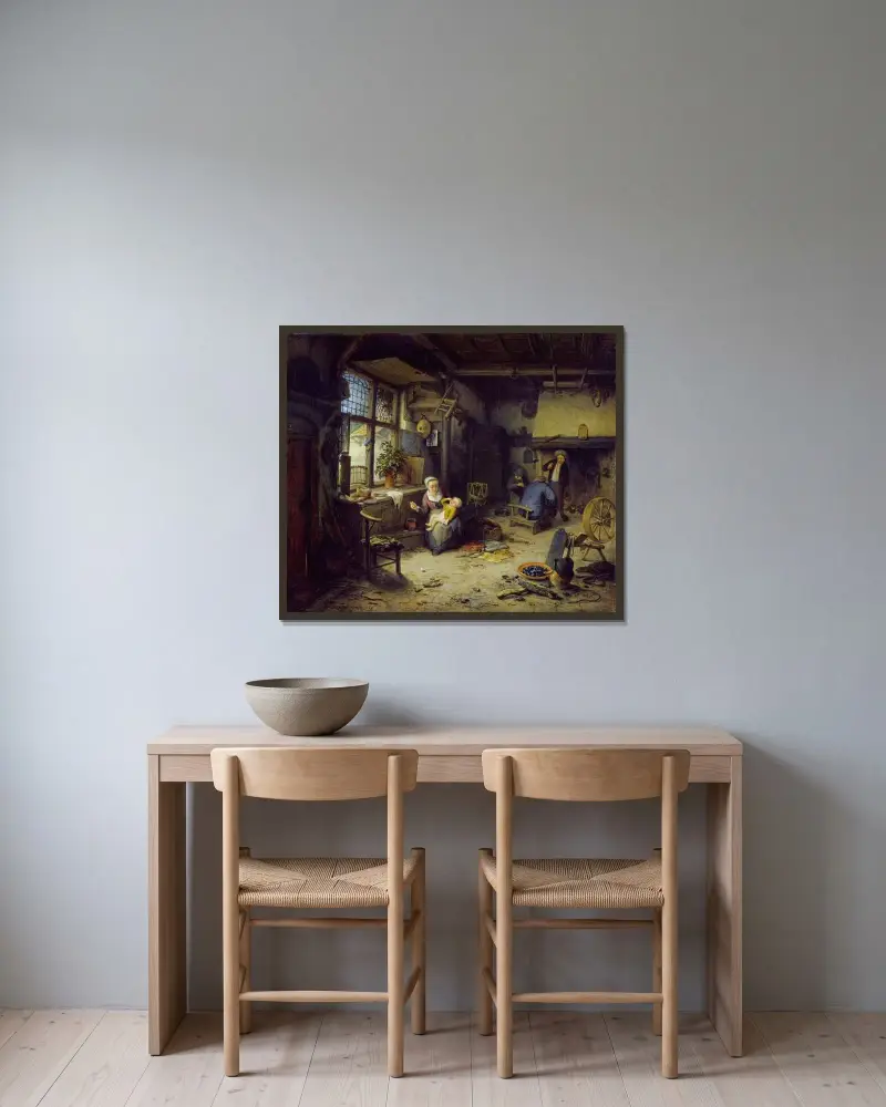 Interiör med bönder av Adriaen van Ostade inramad på en vägg