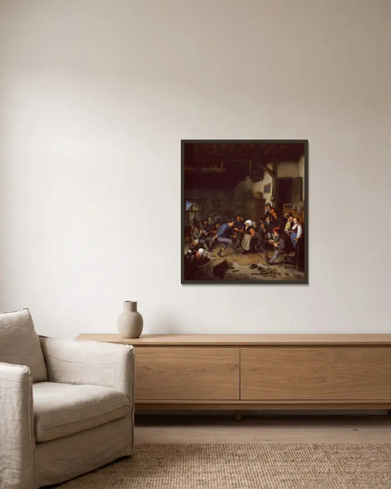 Fröhliche Gesellschaft im Wirtshaus von Adriaen van Ostade gerahmt an einer Wand