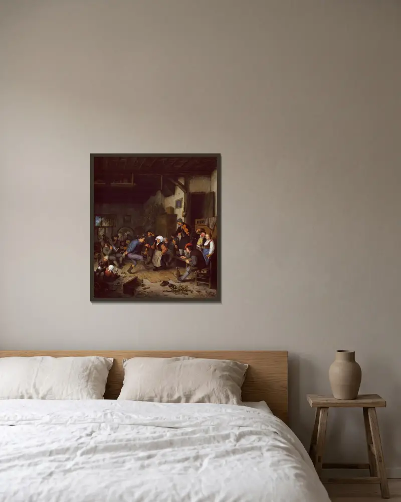 Fröhliche Gesellschaft im Wirtshaus von Adriaen van Ostade gerahmt an einer Wand