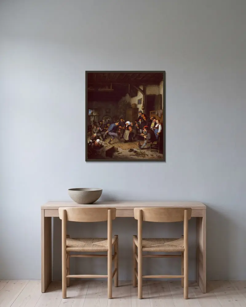 Fröhliche Gesellschaft im Wirtshaus von Adriaen van Ostade gerahmt an einer Wand