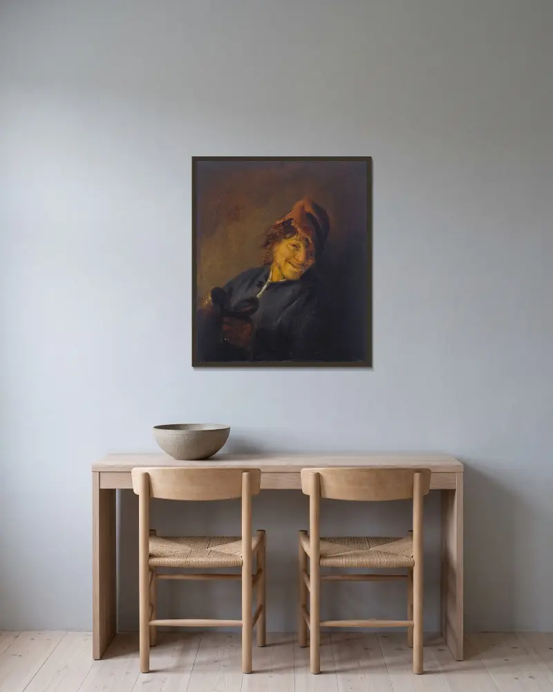 Bonde med röd mössa hållande en kanna av Adriaen van Ostade inramad på en vägg
