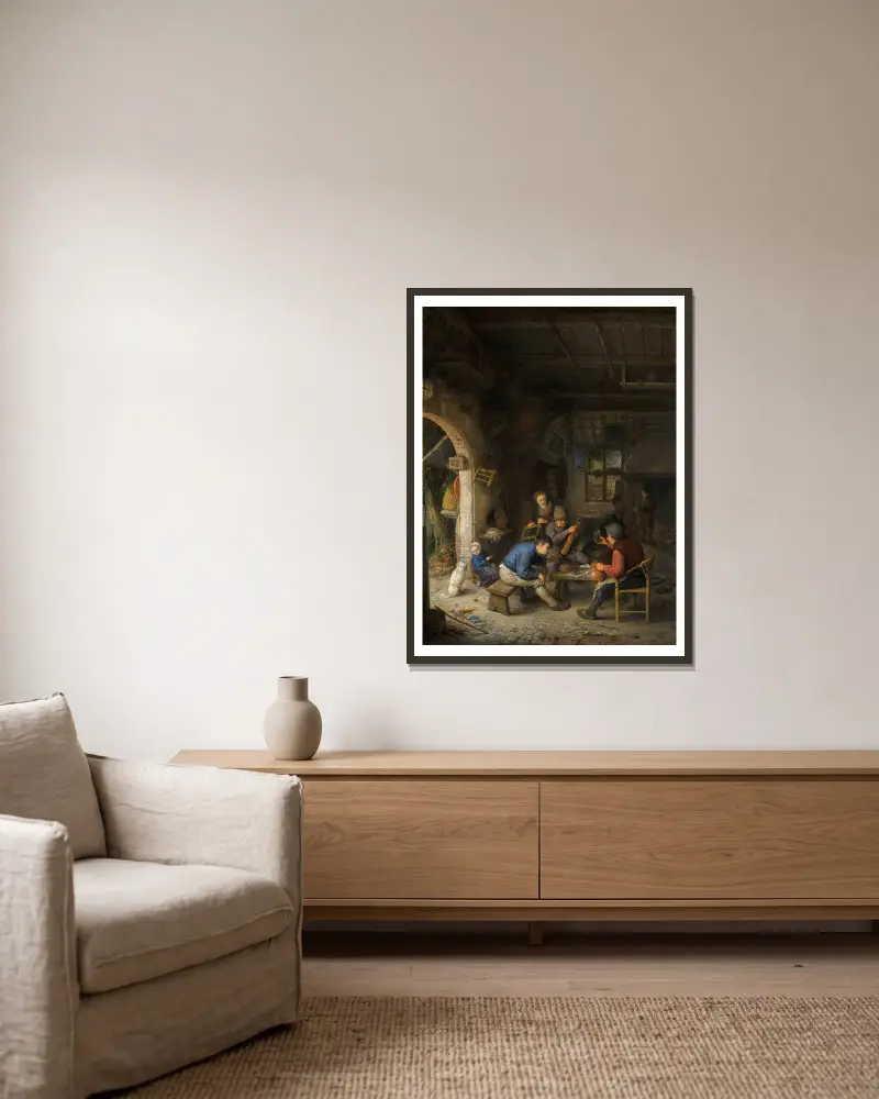Bauern in einem Wirtshaus, 1662 von Adriaen van Ostade gerahmt an einer Wand