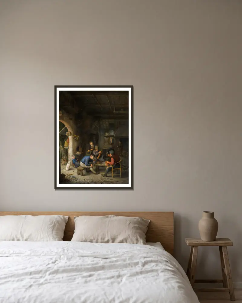 Bauern in einem Wirtshaus, 1662 von Adriaen van Ostade gerahmt an einer Wand