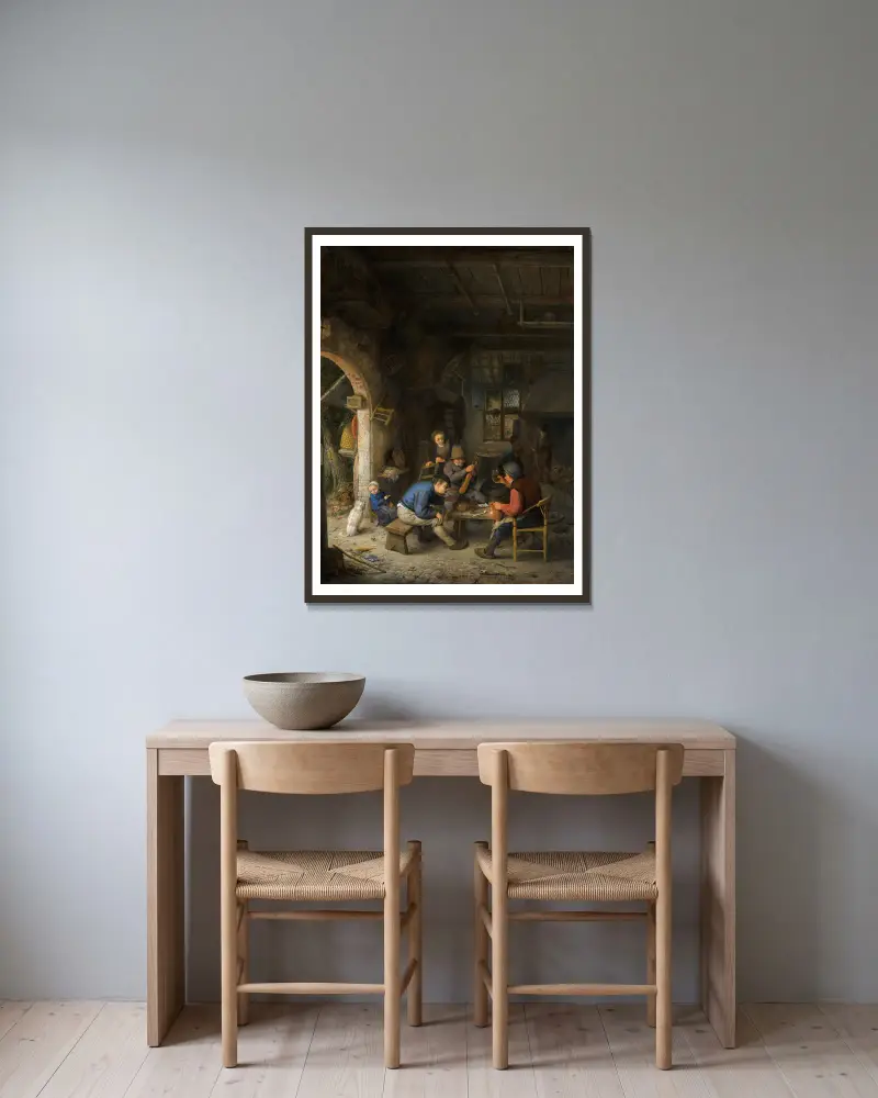 Bauern in einem Wirtshaus, 1662 von Adriaen van Ostade gerahmt an einer Wand