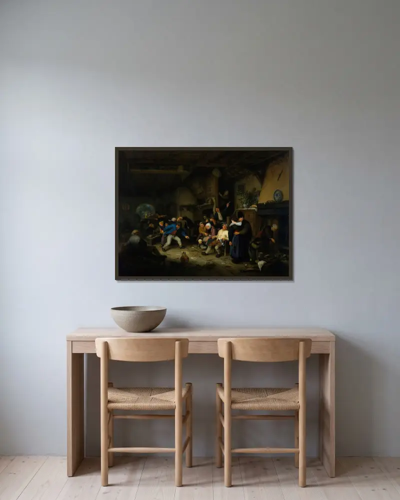 Bönder som dansar i en krog av Adriaen van Ostade inramad på en vägg