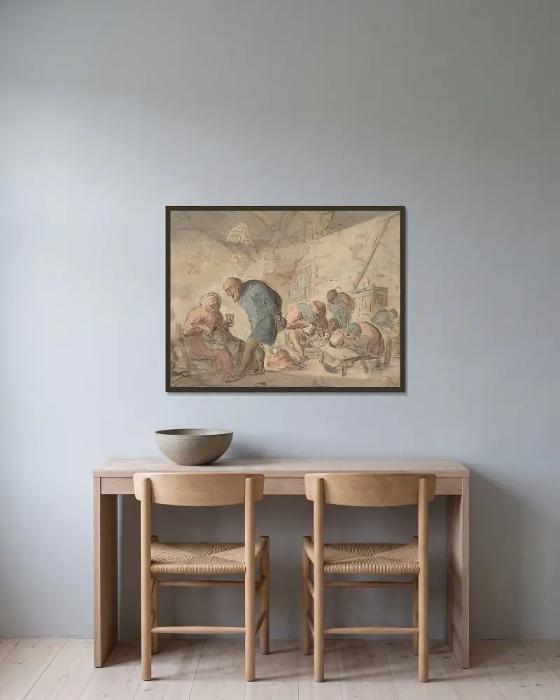 Peasants Drinking av Adriaen van Ostade inramad på en vägg
