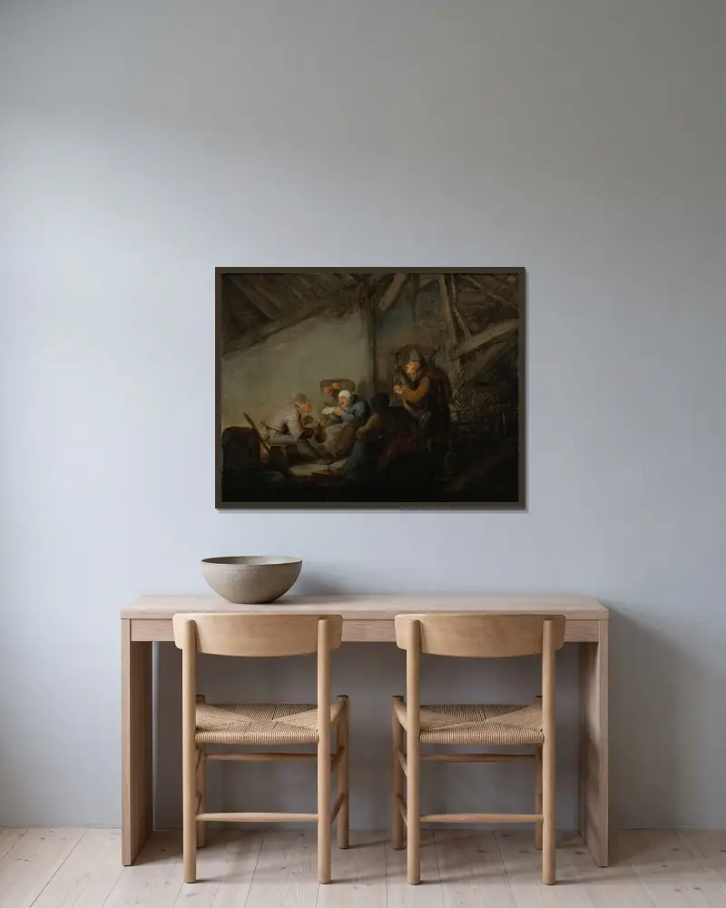 Bönder i en krog, möjligen en skildring av hörseln av Adriaen van Ostade inramad på en vägg
