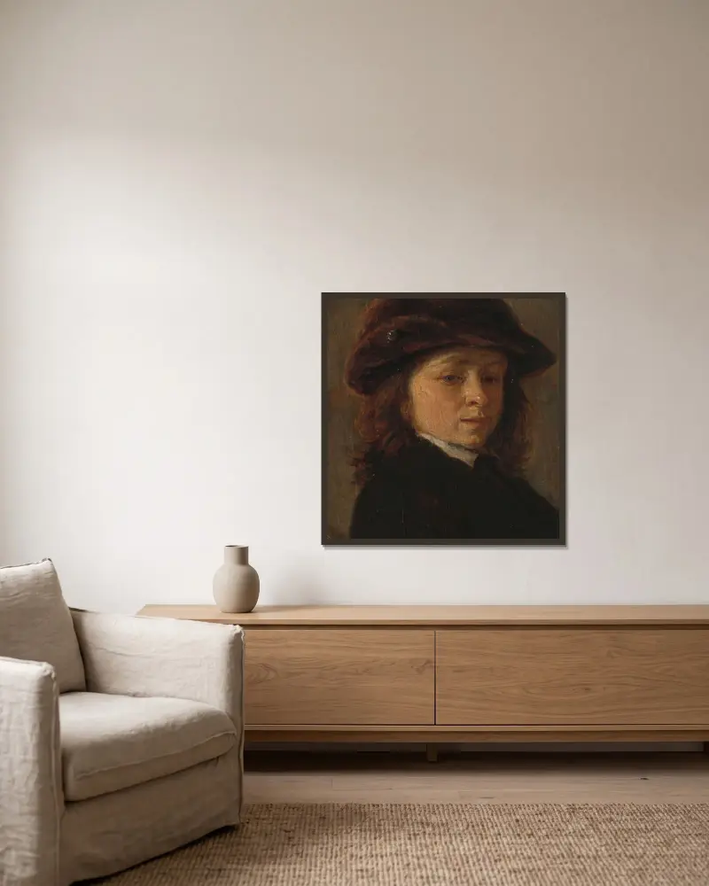 Porträtt av en pojke av Adriaen van Ostade inramad på en vägg