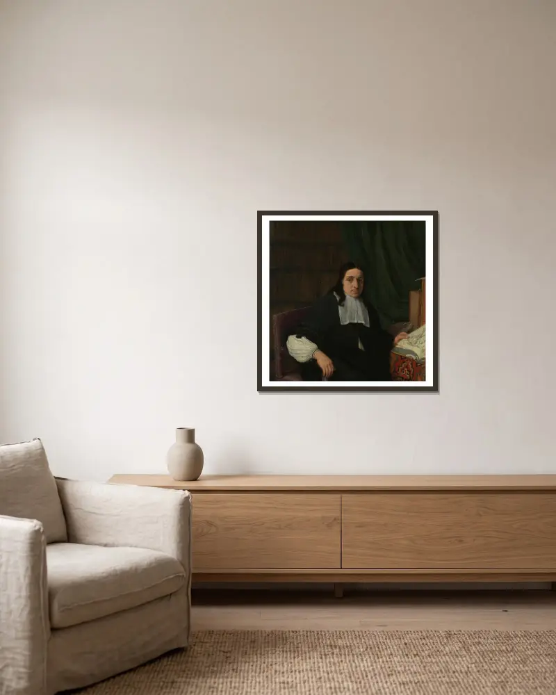 Portrait of a Collector, possibly Constantijn Sennepart (1625-1703) av Adriaen van Ostade inramad på en vägg