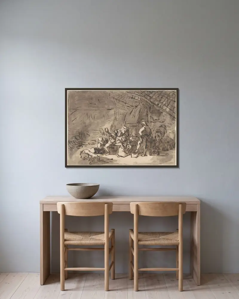 Scene in an Inn av Adriaen van Ostade inramad på en vägg
