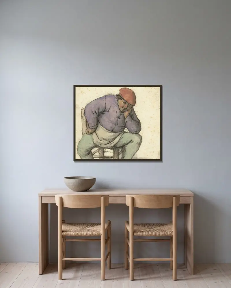 Sittande man med vänster fot på en kamin av Adriaen van Ostade inramad på en vägg